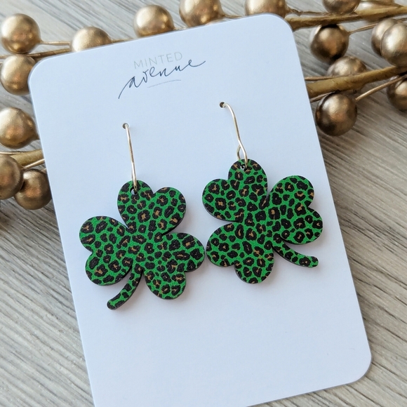 Shamrock Leopard Print Wood Earrings, Handmade St Patrick Day Earrings - Picture 1 of 5